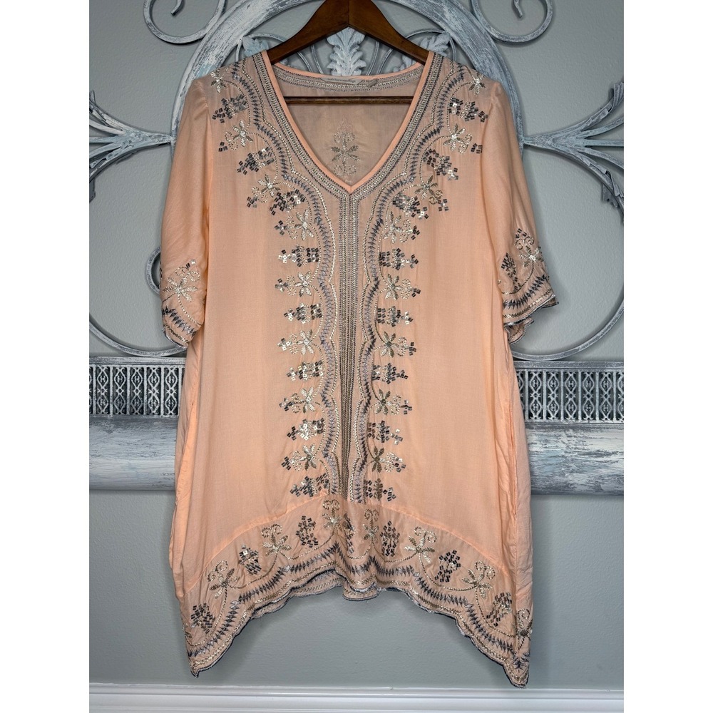 Soft Surroundings Peach Embroidered Sequin Tunic Top Size PM